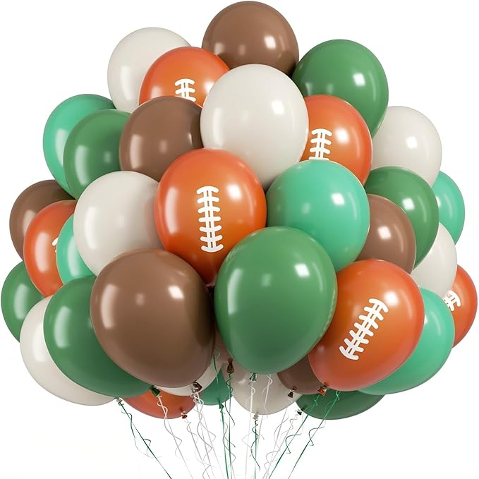 FunHot Football Balloons, 50 Pcs Green Brown Balloon, 12 Inch Ivory Retro Green Football Printed Latex Balloons for Boy Baby Shower Men Birthday Rugby Game Sport Themed Party Decorations