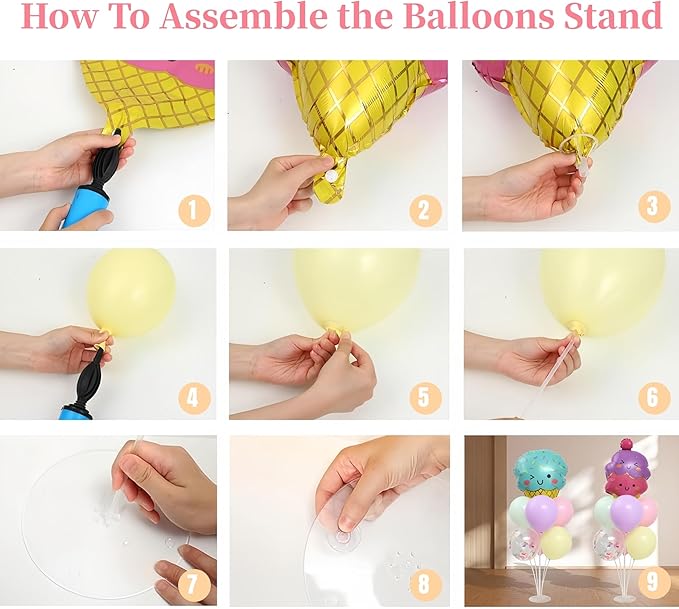 Ice Cream Party Balloons Stand for Table 2 Sets with 2 Ice Cream Foil Balloons 14 Pastel Latex Balloons for Sweet One Birthday Girl Baby Shower Party Decorations