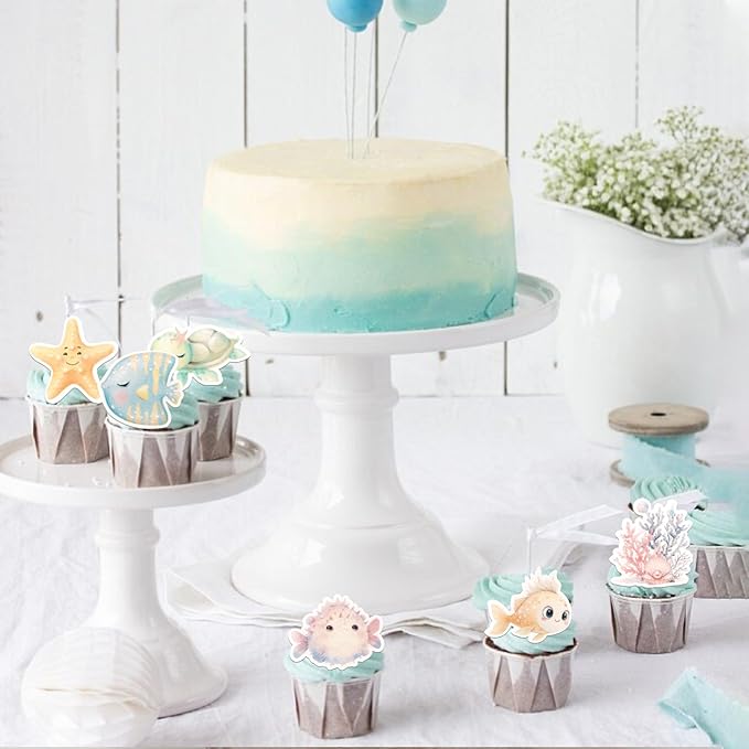 60 PCS Edible Ocean Animal Cupcake Toppers Sea Ocean Birthday Cake Decorations Edible Turtles Octopus Seahorse Crab Starfish Mermaid Cupcake Picks for Under the Sea Theme Baby Shower Party Supplies