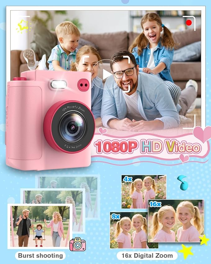 Mason & Friends Kids Instant Print Camera – 1080P HD Digital Camera for Boys & Girls Ages 3–10 | Photo, Video, Music & Games | Includes 32GB SD Card – Perfect Birthday (Pink)