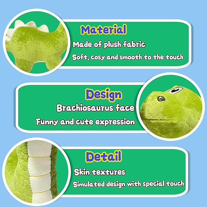 Green Dinosaur Plush Toys for Kids, 12'' Brachiosaurus Stuffed Animal, Cute Plushies for Boys and Girls, Dinosaur Stuffed Animal Plush Toys for Classroom Prizes, Party Favors, Birthday Gifts