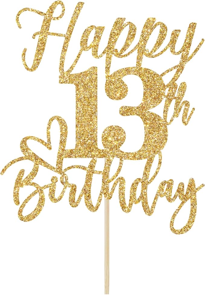Happy 13th Birthday Cake Topper, 13th Birthday Decorations, Cheers to 13 Years, Hello 13, 13th Happy Birthday Party Supplies Gold Glitter