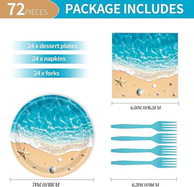 72PCS Beach Plates and Napkins, Ocean Waves Party Supplies Paper Plates and Napkins with Forks Disposable Tableware Set for Hawaiian Ocean Themed Party Decorations