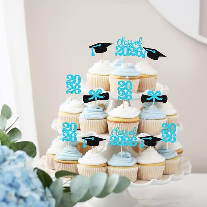 36 PCS 2026 Graduation Theme Cupcake Toppers Glitter Class of 2026 Graduation Cap Diploma Cupcake Picks 2026 Graduate Theme Party Cake Decorations Supplies Lake Blue