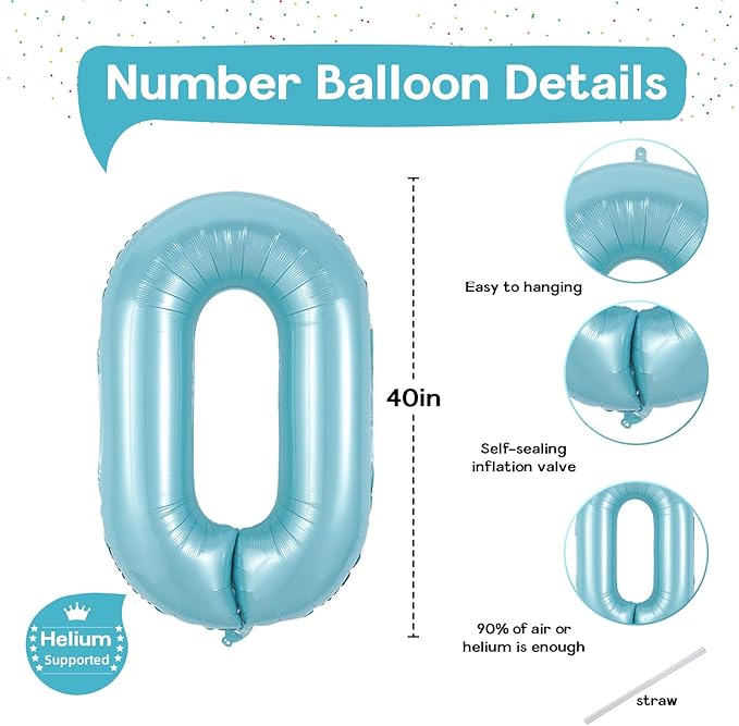 40 Inch Pastel Blue Number 0 Balloons, Giant Self Inflating Foil Number Balloon 0-9 for Boys, Baby Light Blue Mylar Helium 0 Balloons for Kids Age Birthday Party Decor Anniversary Decorations Supplies