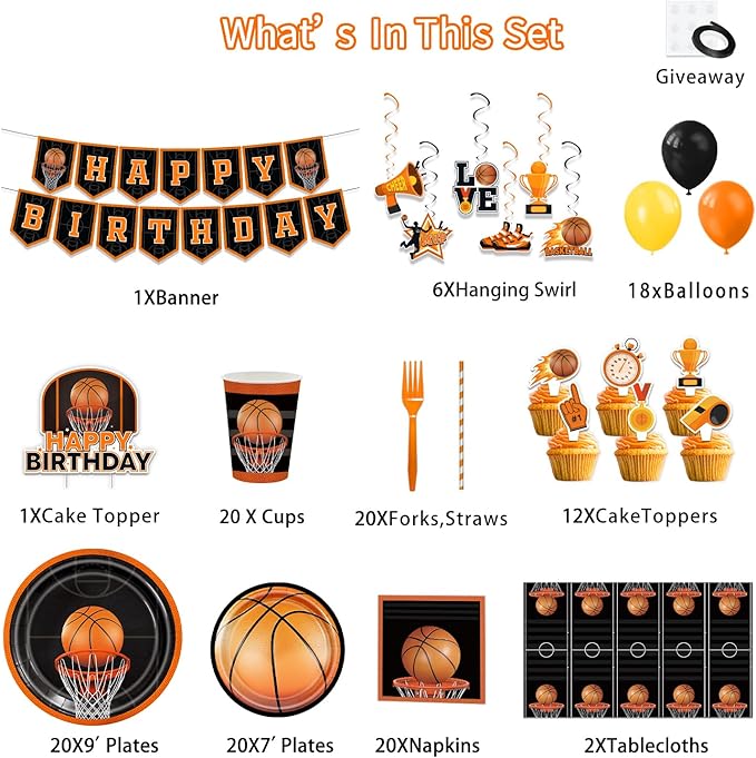Basketball Birthday Party Decorations - 160PCS Basketball Party Supplies with Banner, Balloons, Hanging Swirls, Plates, Napkins, Cups, Forks, Straws, Tablecloths, Cake Topper, Cupcake Toppers