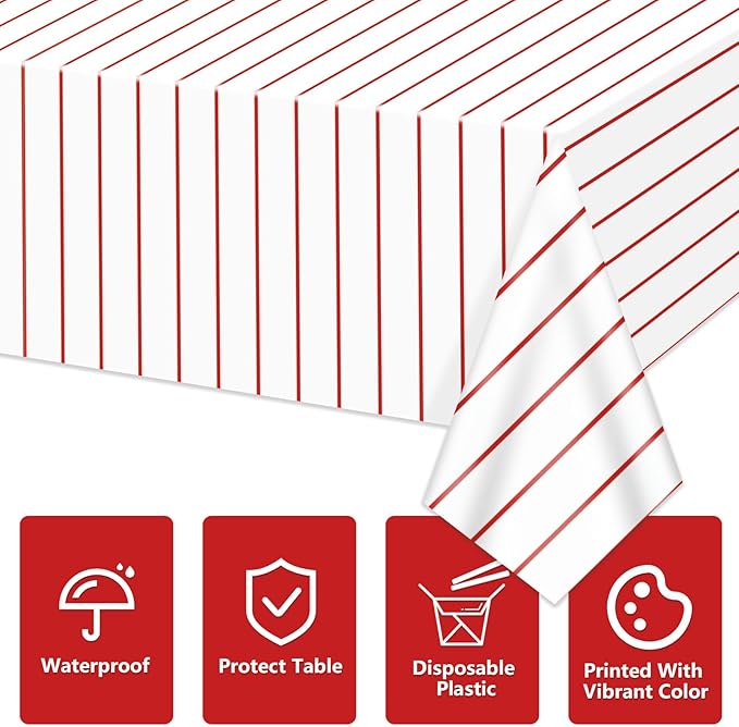 Baseball Tablecloths, 4 Pcs Red and White Stripe Plastic Table Covers for Baseball Birthday Decorations Sports Theme Party Supplies