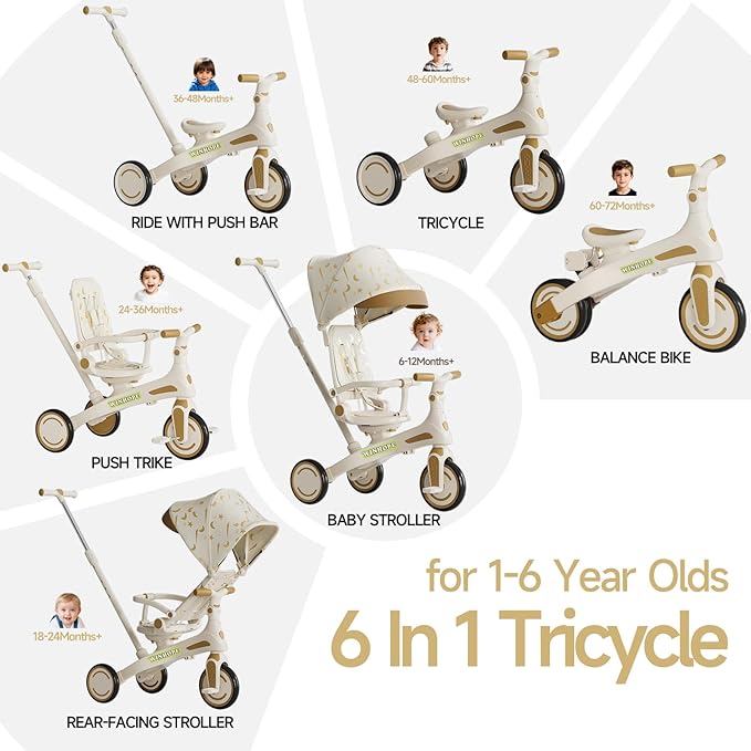 Winhope Kids Tricycle, 6 in 1 Baby's Tricycle Toddler Trike with Adjustable Push Handle, Reversible Seat and Canopy, Baby Stroller for 1-6 Year Olds, Suitable for Outdoor Activities (Beige)