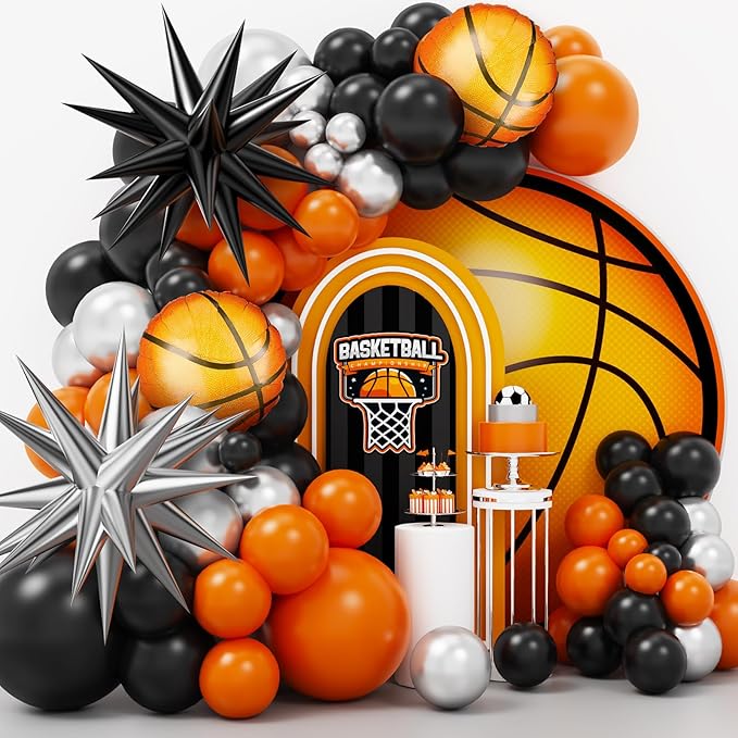 Basketball Balloon Garland Arch Kit, 97Pcs 18 10 5 inch Black Orange Basketball Balloons with 18inch Foil Balloons for Sports Theme Basketballs Party Boys Birthday Decorations