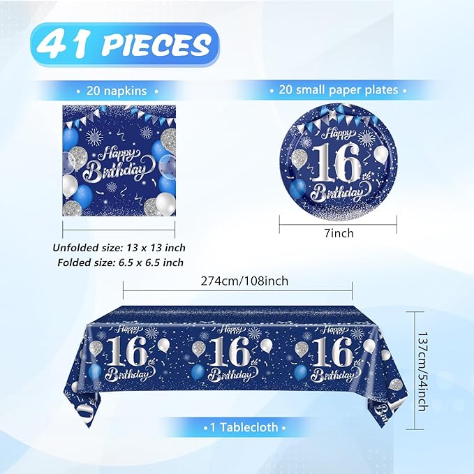 41PCS 16th Birthday Decorations for Boys Navy Blue Silver 16 Years Old Birthday Decorations Sweet 16 Plates Napkins Tablecloth for Boys Girls 16th Birthday Party Supplies