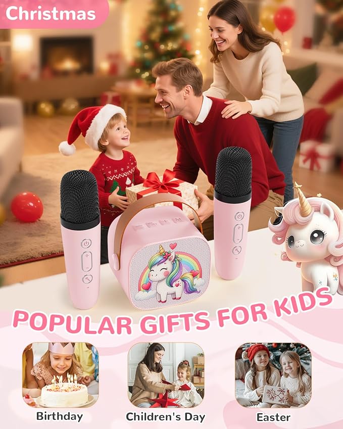 Mini Karaoke Machine for Kids,Portable Bluetooth Speaker with 2 Microphones,Rechargeable Battery,FM Radio,USB Playback,LED Lights for Boys & Girls Children's Gifts-Pink Pony