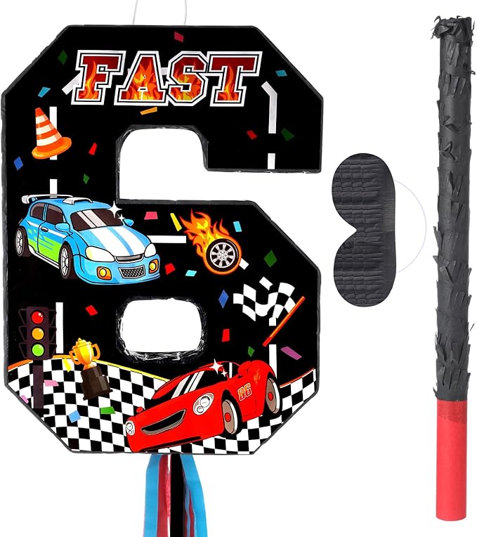 Race Car Piñata Pull String Cars Piñatas for Birthday Party Decorations Number 2 3 4 5 6 with Blindfold Stick Small Red Black Racing Theme 2nd 3rd 4th 5th 6th Party Supplies