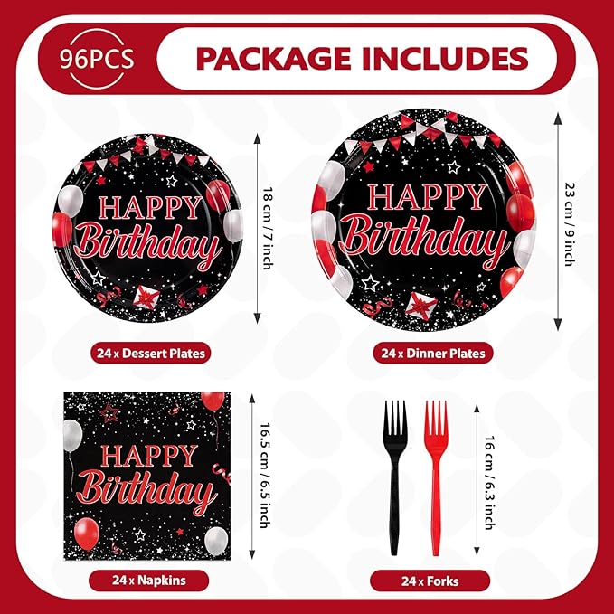 Grencian 96Pcs Red and Black Birthday Party Decorations Valentine's Day Red and Black Plates and Napkins Disposable Tableware Set for Birthday Valentine's Day Party Supplies, Serves 24