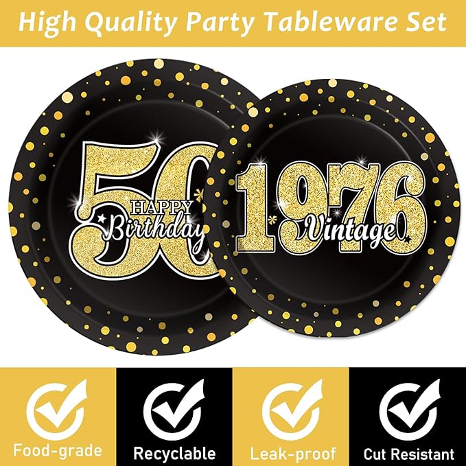 ZOIIWA 96 Pcs Vintage 50th Birthday Party Decorations Vintage 1976 Birthday Tableware for Men Woman Cheers to 50 Years Dessert Plates Napkins Forks for 24 Guests Back in 1976 Party Favors