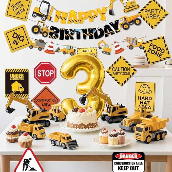 Construction 3rd Birthday Party Supplies Dump Truck Third Party Decorations Kits Set for Kids Three Years Old Birthday with Different Kinds Banner and Signs