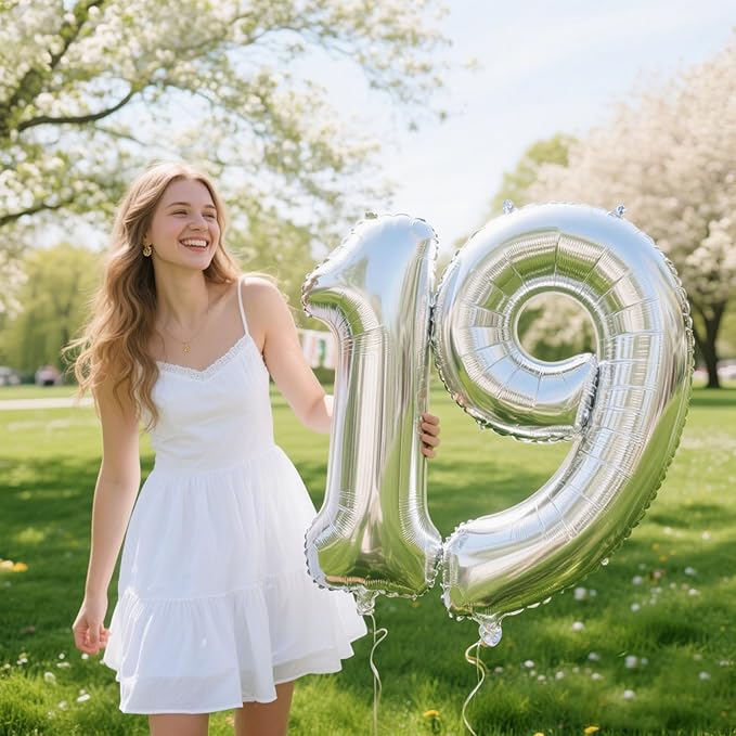 40 Inch Silver Number 19 Digital Balloon,Jumbo Mylar Foil Helium Balloon for 19 Balloons for Birthday Party,Wedding Anniversary Party Decorations