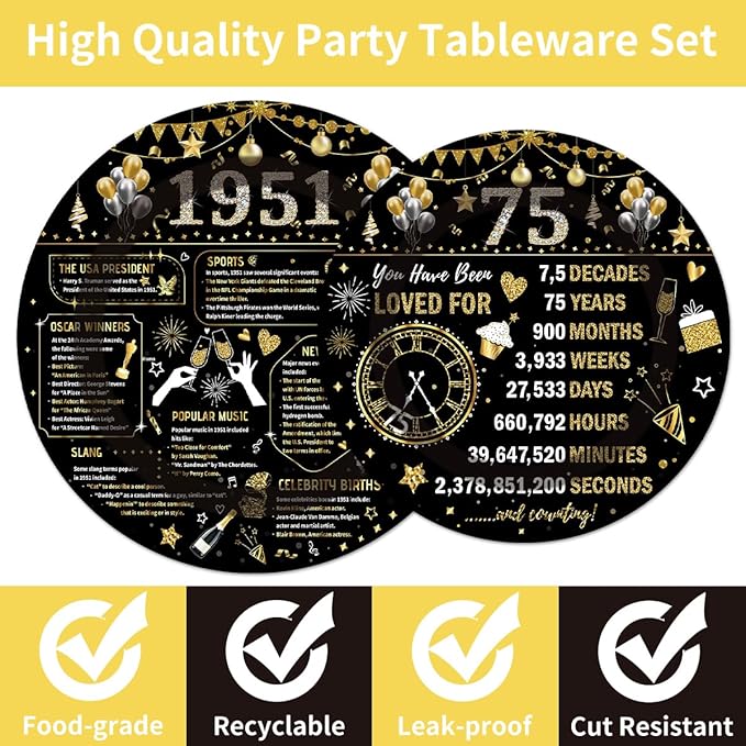 96PCS 75th Birthday Plates and Napkins Party Supplies 75th Birthday Decorations for Women Men 75th Anniversary Decorations Cheers to 75 Years Vintage 1951 Tableware Sets Serve 24 Guests