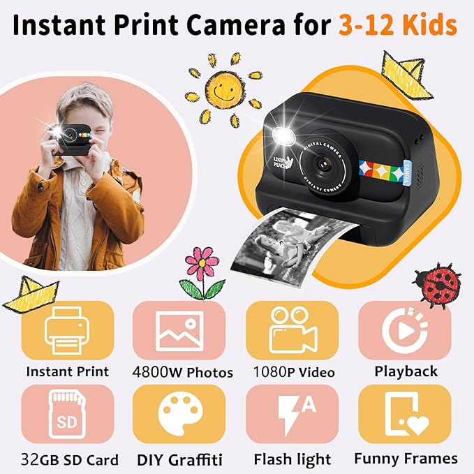 Instant Print Camera for Kids with 5 Color Print Paper, 48MP Photo 1080P Video, 21 Fun Frames, 32GB Card, Birthday for Girls Boys Age 3 4 5 6 7 8 9 10 11 12 Years Old Black