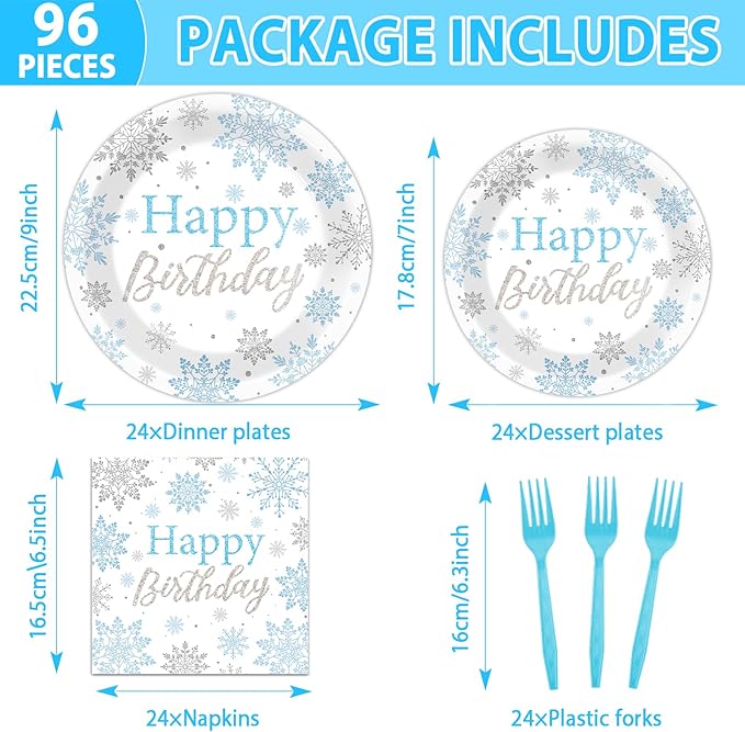 96PCS Winter Birthday Party Decorations Snowflake Paper Plates and Napkins Winter Wonderland Baby Shower Decoration Silver Blue White Christmas Party Supplies Disposable Snow Flakes Tableware Serve 24