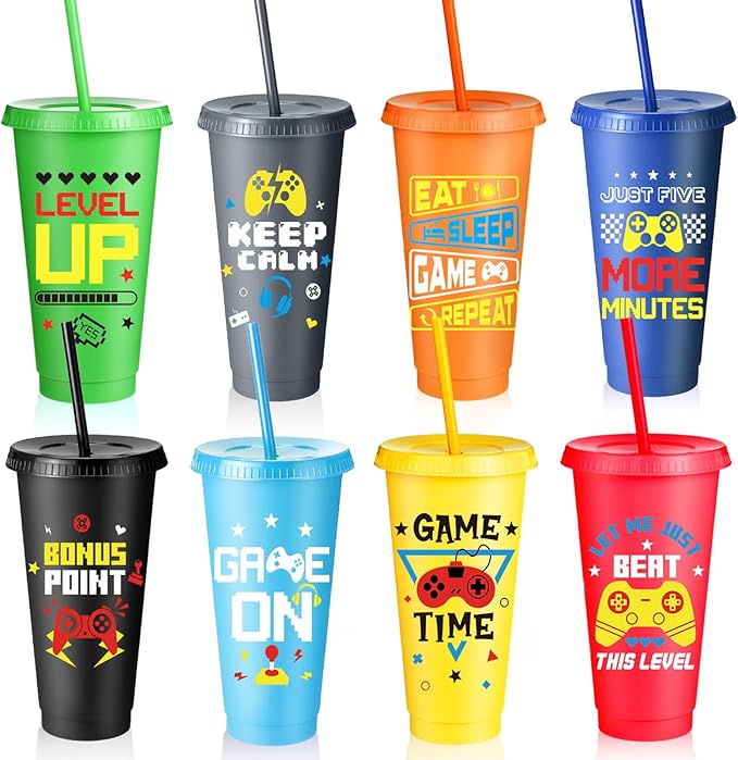 8 Pcs Video Game Plastic Cups Gaming Party Favor with Lids and Straws 24 oz Gamer Reusable Tumbler Water Mug for Fun Video Birthday Party Supplies for Adults (Colorful)