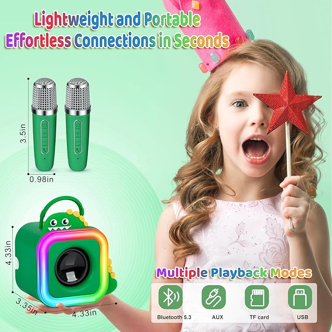 Mini Karaoke Machine for Kids with 2 Wireless Microphones - Toys Gift for Boys Girls Ages 4, 5, 6, 7, 8, 9,10,11,12+Year Old - Christmas, Birthday, Party Singing Gift (Green)