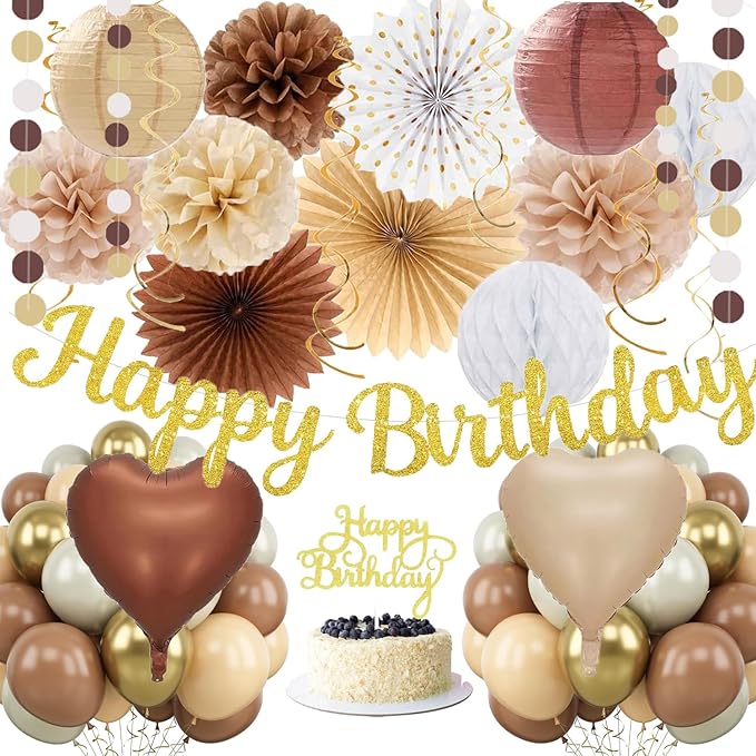 Boho Brown White Birthday Decorations - 62pcs Happy Birthday Banner, Neutral Rustic Paper Lanterns Honeycomb, Hanging Streamers, Tissue Pom Poms Flower Fan, Birthday Decorations for Women Girl Boys