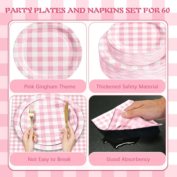 180Pcs Pink Gingham Party Supplies Paper Plates and Napkins Serve 60 Disposable Tableware Set for Birthday Party Decorations Game Day Family Holiday Sports Events