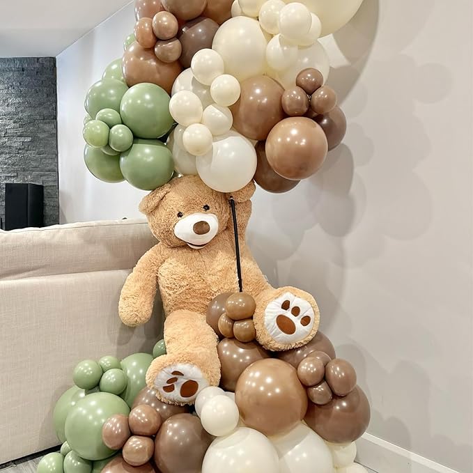 Green and Brown Balloons,12 Inch Sage Green Nude Metallic Gold and Brown Latex Balloons with Ribbon,for Birthday Baby Shower Camo Woodland Jungle Safari Party Decorations