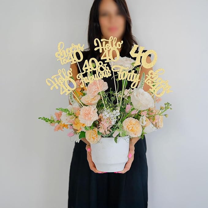 Gyufise 15Pcs 40th Birthday Centerpiece Sticks Forty Happy 40th Table Flower Centerpieces Sticks Cheers to 40 Floral Decorations for 40th Birthday Party Centerpieces Supplies Gold