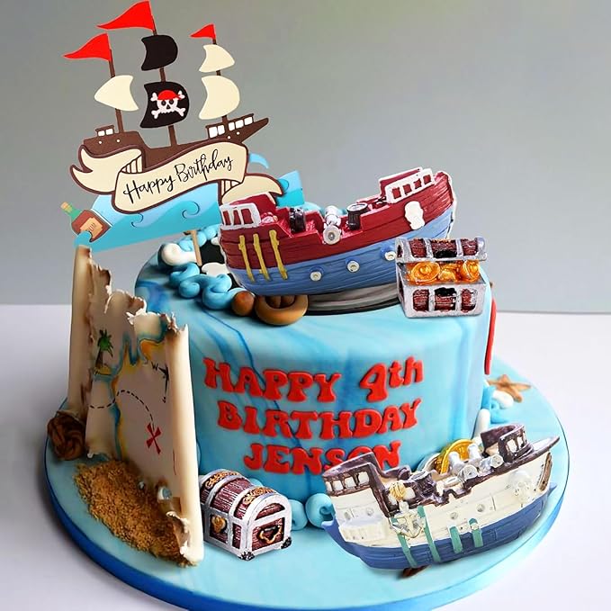 Pirate Ship Cake Topper Nautical Sailboat Model Decoration Set Gold Coins and Pirate Gems Pirate Treasure Chest Compass for Kids Pirate Birthday Party Supplies pirate cake decoration