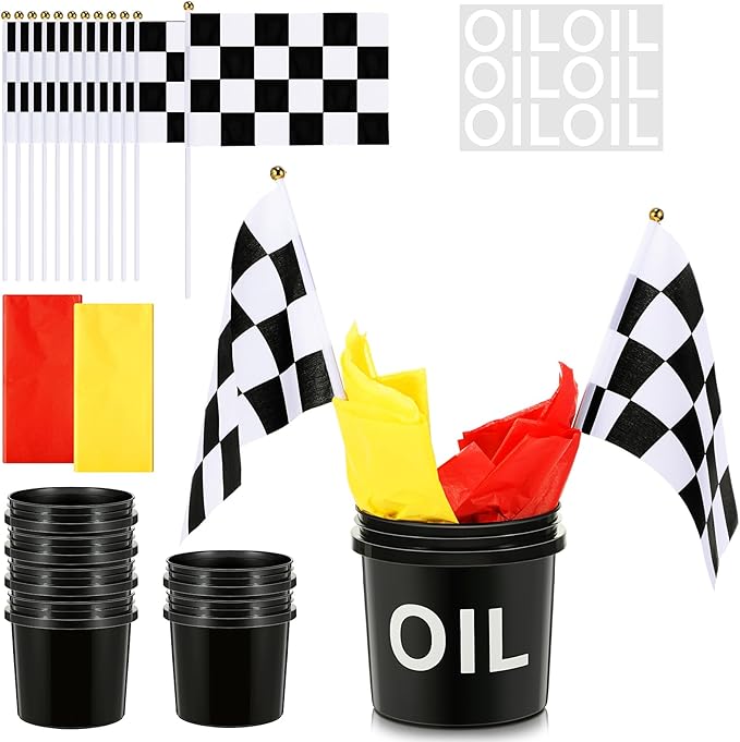 48 Pcs Race Car Party Decorations 6 Sets Racing Table Centerpieces Including 12 Checkered Flags 6 Plastic Drums 6 Oil Stickers 24 Tissue Papers for Race Car Themed Birthday Party Supplies