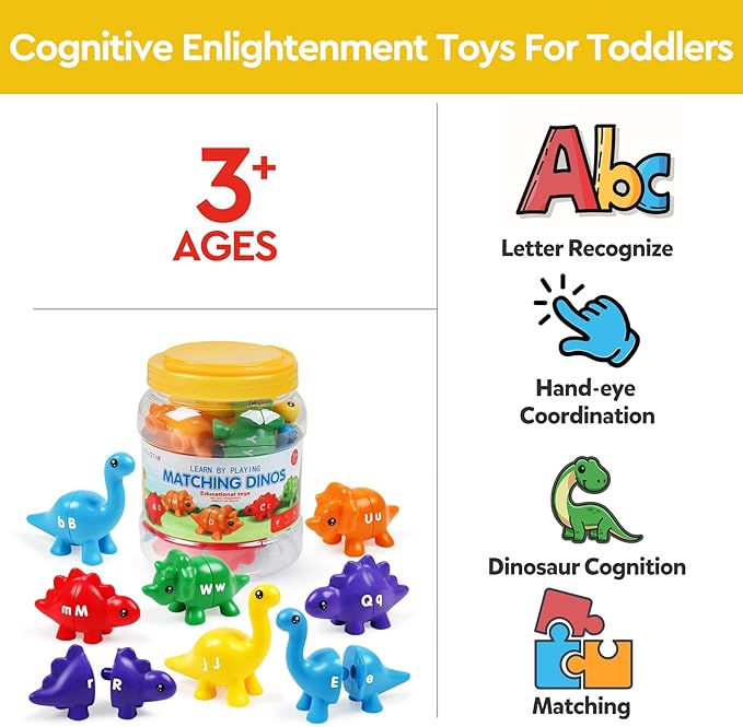 Alphabet Dinosaurs Matching Toy, Toddlers ABC Learning Dinosaurs with Uppercase Lowercase, Match and Snap Fine Motor Game Preschool Learning Activities Exchange Birthday Gifts for Kid Boys & Girls