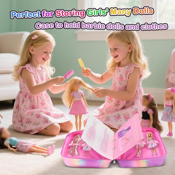 Doll Carrying Case Accessory Organizer Storage, Case to Hold Dolls and Clothes, Much Pocket for Doll’s Clothes, Accessories, Fits 6 Dolls & Accessories, Secure Straps Protect Dolls - Rainbow