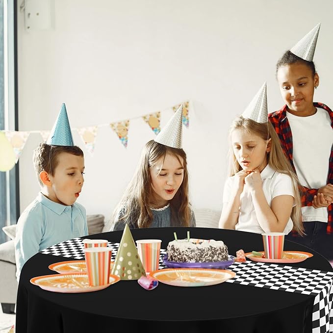 Oudain 6 Pcs Cars Birthday Party Supplies Racing Party Decorations Round Racing Tablecloth Checkered Flag Table Covers Road Plastic Table Cloth, 1950s Disco Dancing Party Tablecloth (Black)