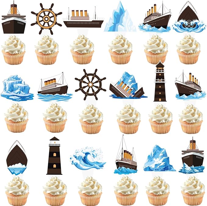 48PCS Nautical Party Cupcake Toppers Cruise Ship Birthday Party Decorations Ocean Ship Cake Decorations Iceberg Lighthouse Cupcake Picks for Cruise Liner Nautical Theme Birthday Baby Shower Supplies