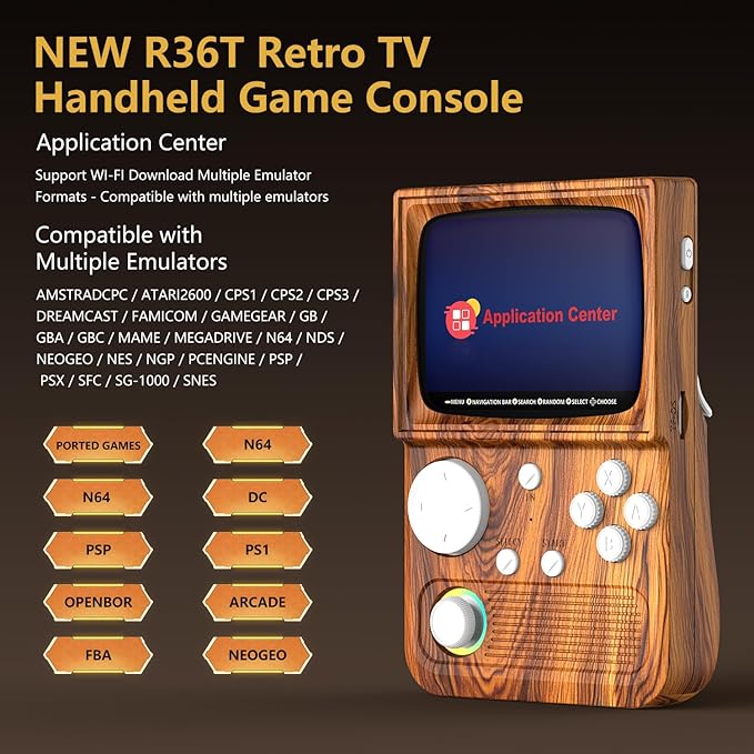 R36T Retro Gaming Console, 3.5'' IPS Screen, Open Source System Support WI-FI Download Multiple Emulator, WiFi Networked Fighting, Portable Gaming Player for Travel with Portable Case(Wood Brown)
