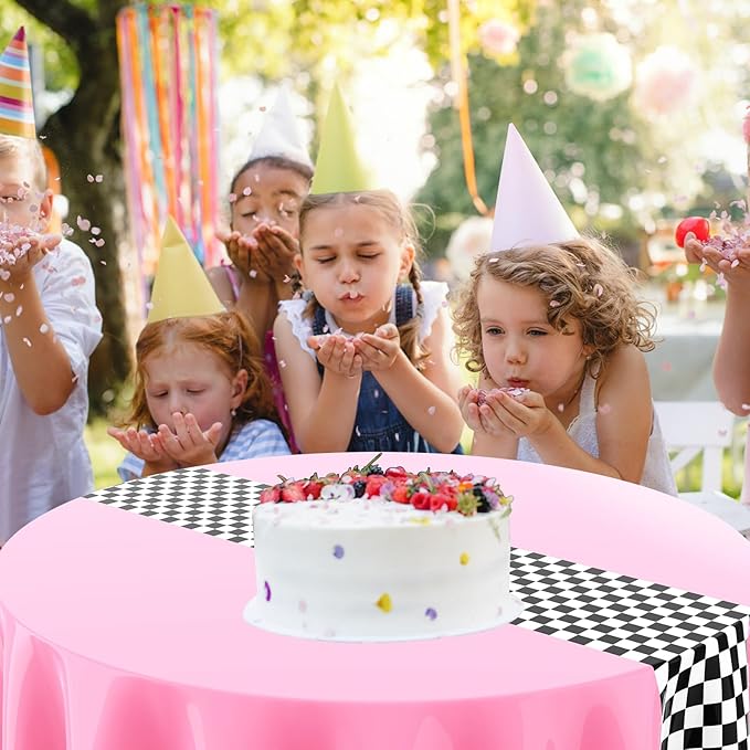 Oudain 3 Pcs Cars Birthday Party Supplies Racing Party Decorations Round Racing Tablecloth Checkered Flag Table Covers Road Plastic Table Cloth, 1950s Disco Dancing Party Tablecloth (Light Pink)