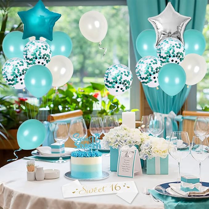 16th Birthday Decorations for Girl Teal - Sweet 16th Birthday Party Supplies Happy Birthday Banner Sweet 16th Sash Cake Topper Turquoise Fringe Curtain Number 16 Balloon for Sixteen Birthday Decor