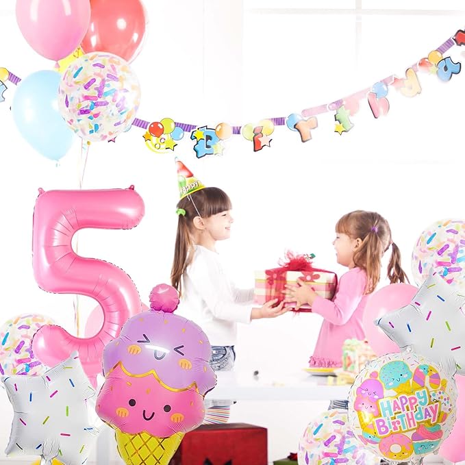 Pink Ice Cream Balloons, 5 Balloon Number, 5th Birthday Decorations Girl, Ice Cream Balloon for Girls Birthday Party Decoration (5)