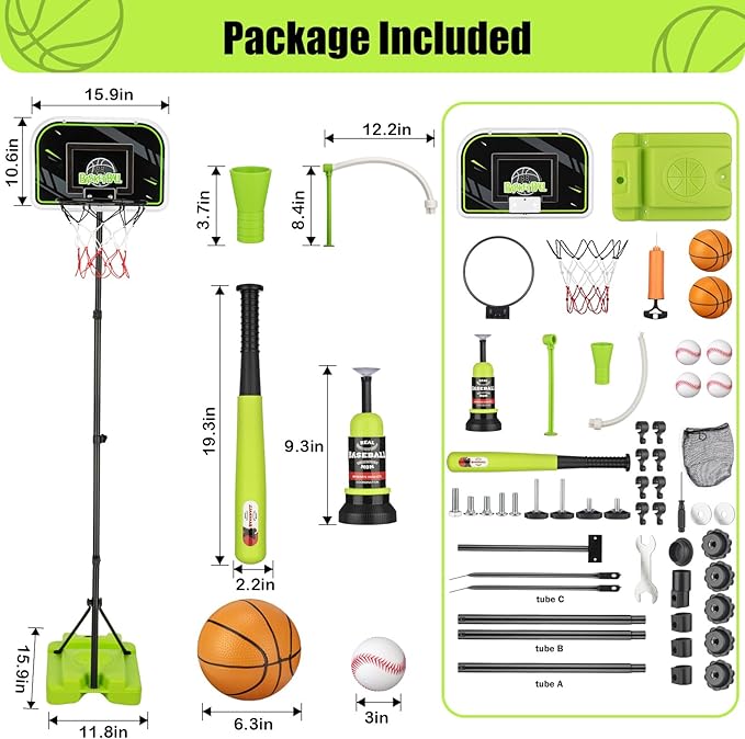 4 in 1 Kids Basketball Hoop and Tball Set for kids 3-5, Adjustable Height Toddler Basketball Hoop, Hanging Tee Baseball with Automatic Pitching Toddler Birthday Gift Outdoor Toys for 3-12 Years Old