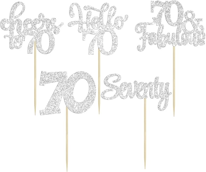 30Pcs Happy 70th Birthday Cupcake Toppers Seventy Cheers to 70 Years Old Birthday Cupcake Picks for 70th Birthday Anniversary Party Cake Decorations Supplies Silver Glitter