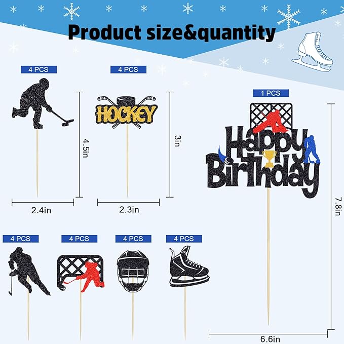 Hockey Birthday Cake Topper - 25PCS Happy Party Cake Decorations with Hockey Player Sports Theme Cupcake Toppers & Picks