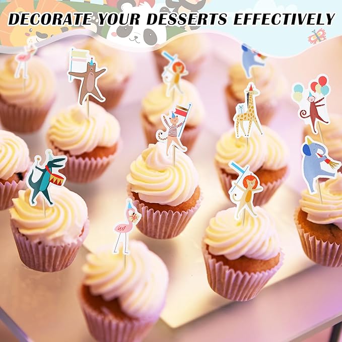 24 Pcs Animal Parade Cupcake Toppers Safari Cupcake Picks Woodland Jungle Cake Decorations for Jungle Theme Baby Shower Zoo Wild Animal Birthday Party Supplies