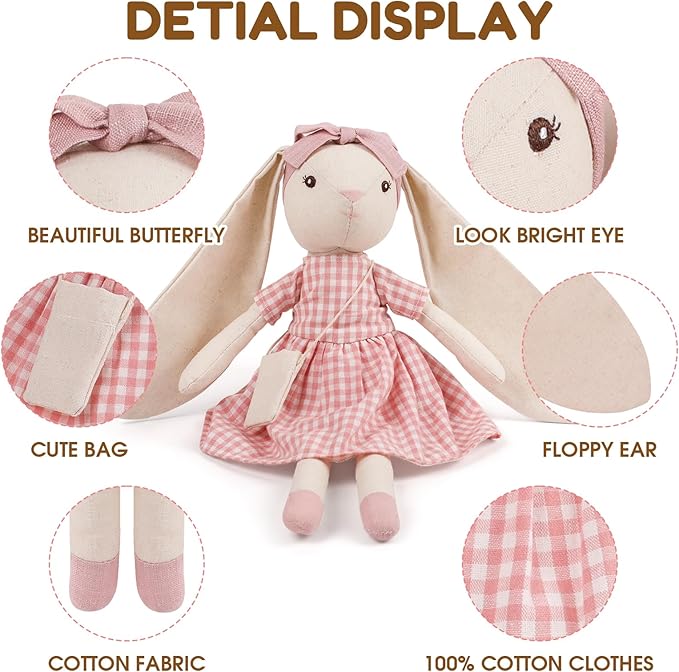 15" Bunny Stuffed Animal for Girls, Plush Toy Doll -Wearing Pink Plaid Dress,Cute Doll Set Dress Up for 3 4 5 Year Old Girl - Gift for Little Girl, Birthday, Easter,Christmas…