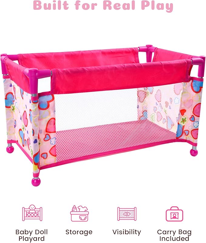BABESIDE Baby Doll Crib for 18" Reborn Dolls,Baby Doll Bed with Storage Bag, Reborn Babydolls Accessories for Age 3+,Doll Crib Playpen for Kids,Pink