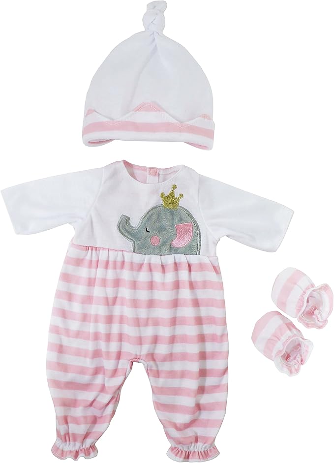JC Toys | Berenguer Boutique | Baby Doll Outfit | Pink Striped Long Onesie with Headband, and Booties | Ages 2+ | Fits Dolls 14"- 16"