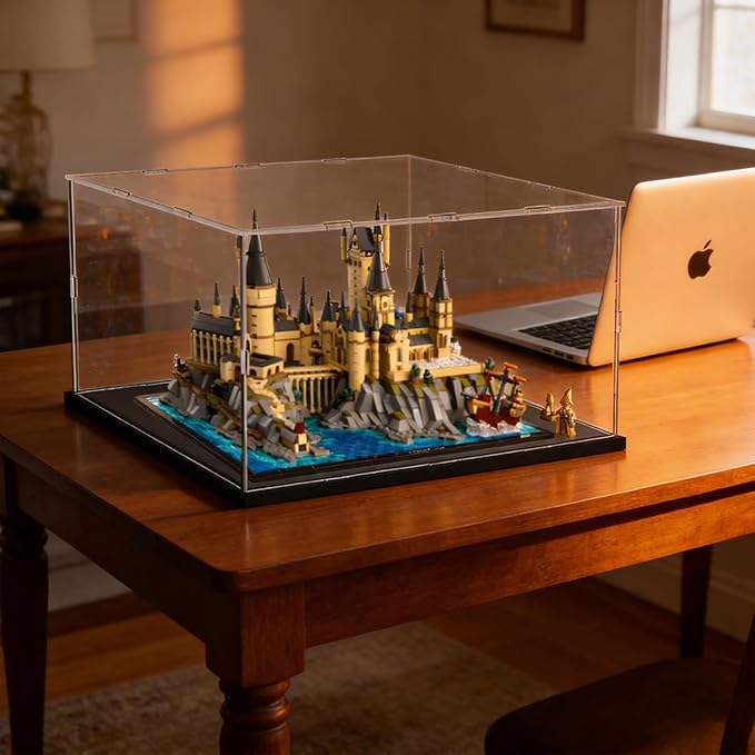 Thickened Clear Acrylic Display Case for Lego 76419 Hogwarts Castle and Ground for 10315 Tranquil Garden 42158 21060 Collectibles, Transparent Box Dustproof with Light, Black Inside 15.7x11.8x9.8 in