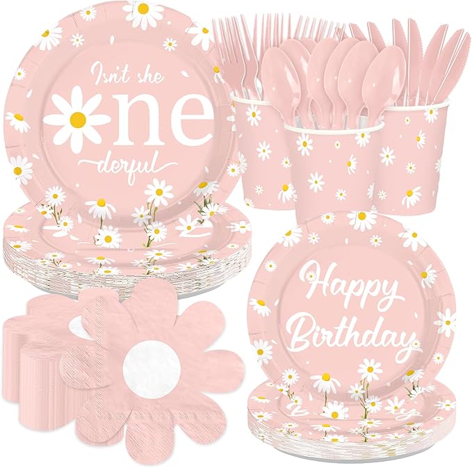 168Pcs Daisy 1st Birthday Party Decoration Isn't She Onederful Birthday Plates Napkins Cups Forks Knives Spoons Pink Daisy Flower Paper Tableware for Girls Groovy One Year Old Party Supplies Serves 24