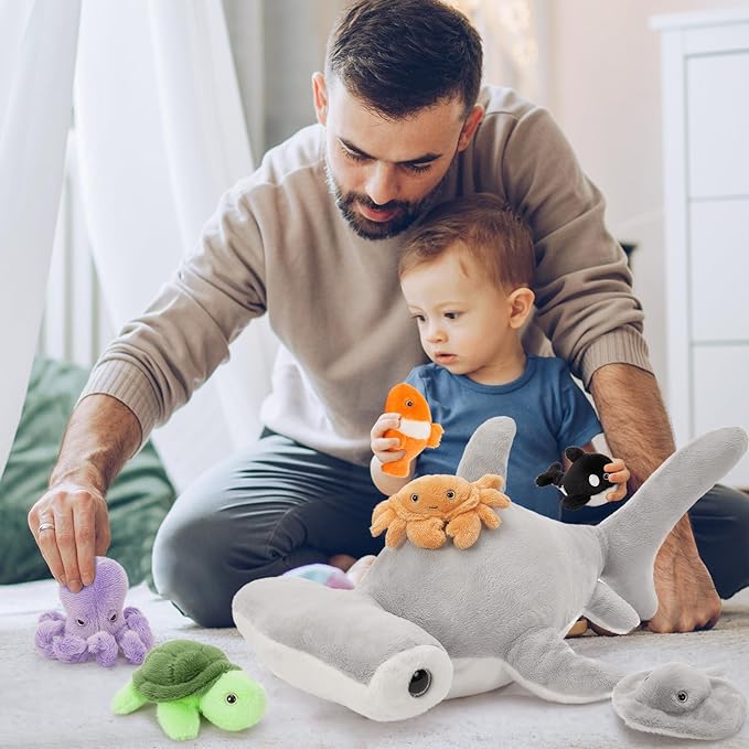 MaoGoLan 7 Pcs Soft Shark Stuffed Animal with 6 Sea Animal Plushies in Belly, Plush Hammerhead Shark Ocean Toys Set for Kids Girls Under The Sea Party Favor Decorations Gifts Christmas