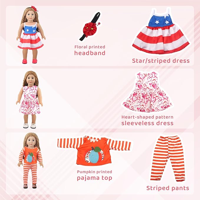 MSYO 10 Sets Doll Clothes for 17 - 18 Inch Dolls, Diverse Outfits (Floral, Polka Dot, Unicorn) & Accessories, Fashion Dress - Up Set for Girl Doll Play & Gifting